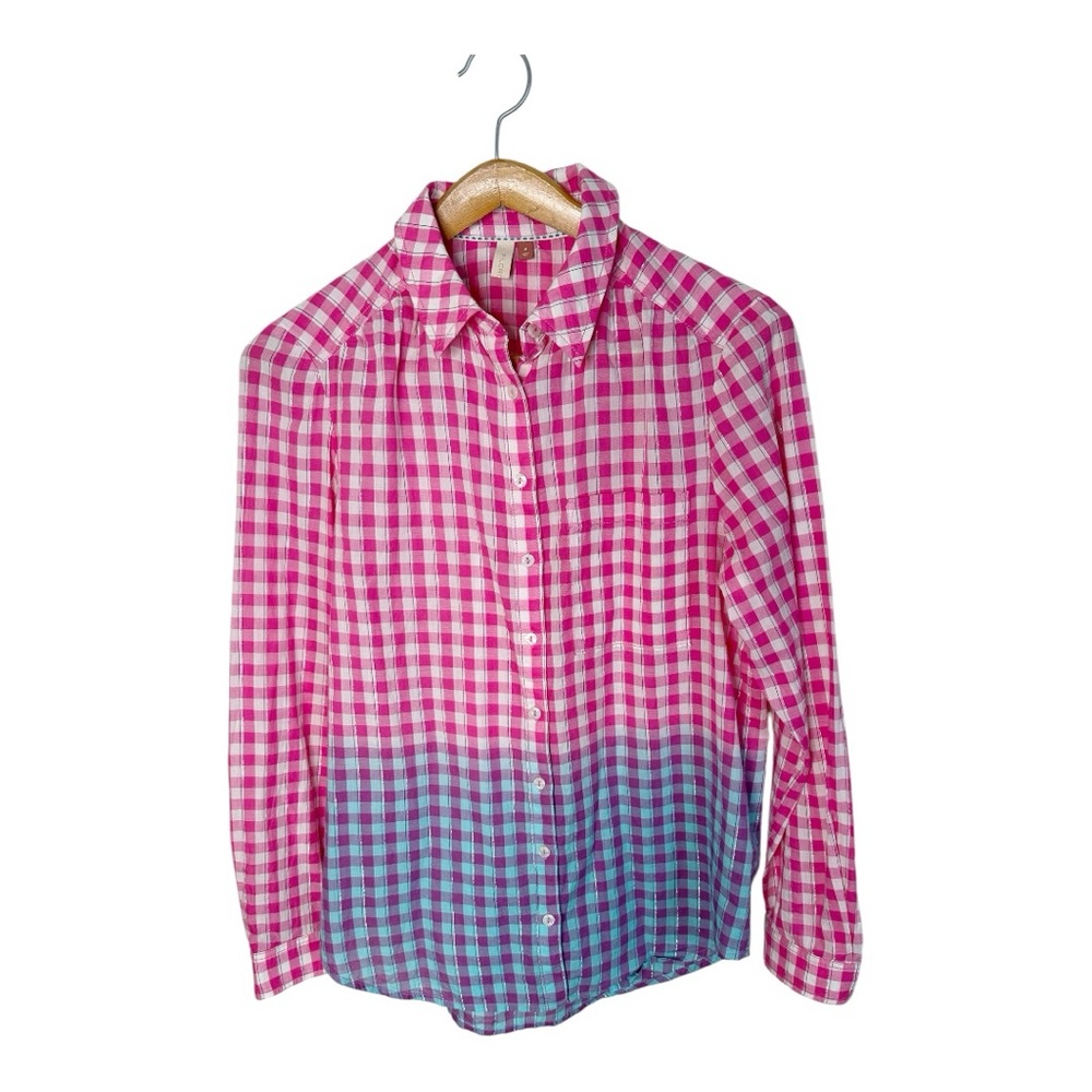 Anthropologie Pilcro Gingham Plaid Dip Dye Shirt Metallic Threads Size Medium